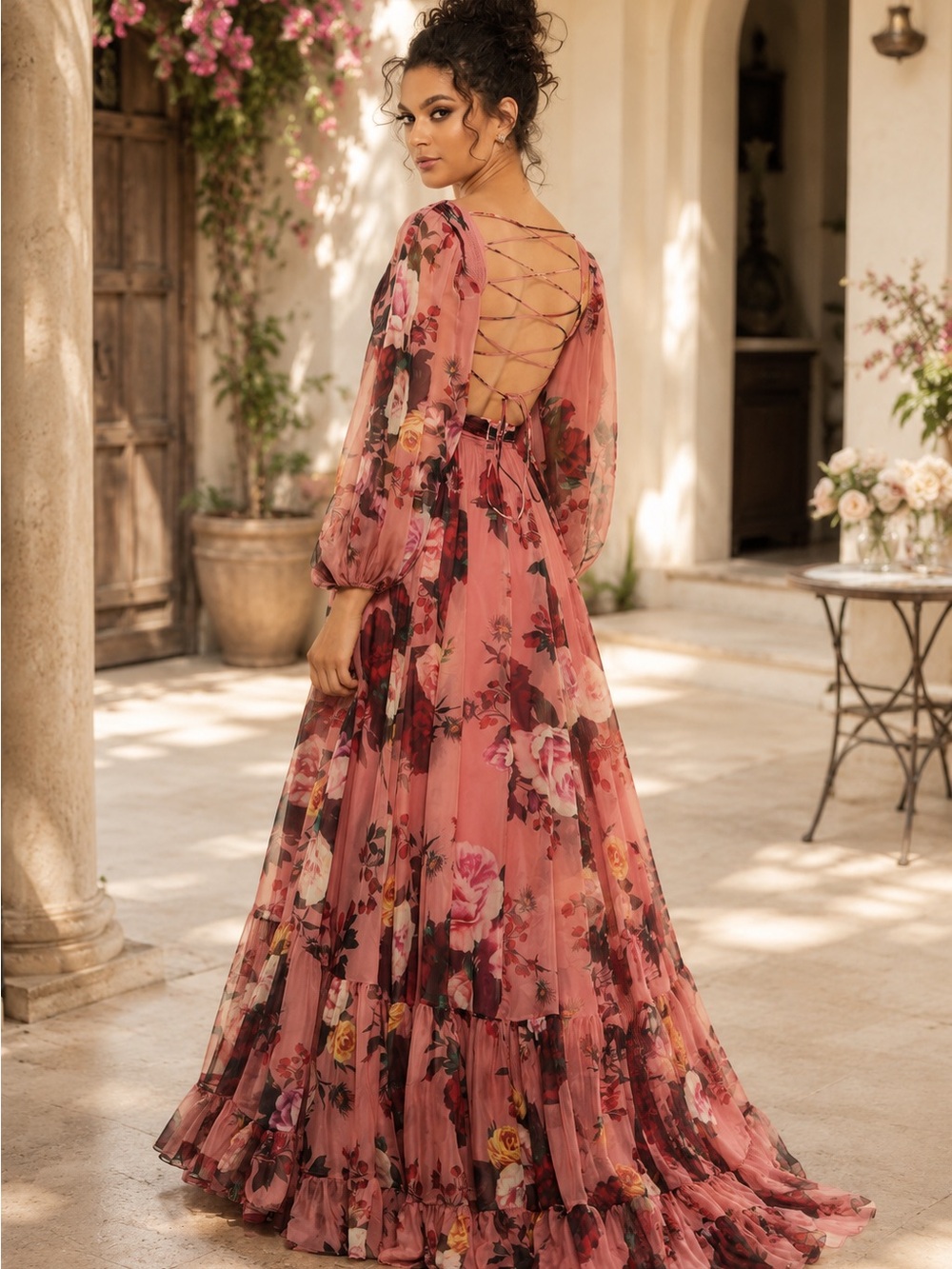 NWT Mac Duggal 67946 Rose Multi Floral Chiffon Cutout Maxi Gown Size 4 - Picture 2 of 7